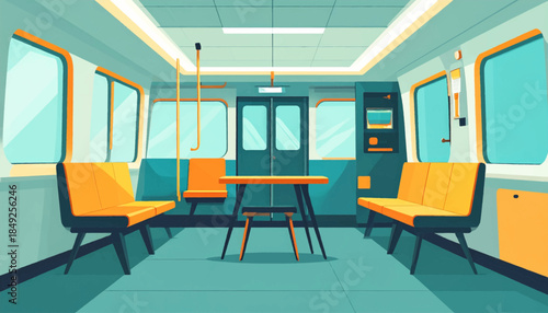 Cartoonish, empty train interior with seating, windows, table, and doors. Cool color palette, minimalist design