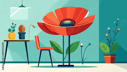 Flat, stylized illustration of a room with a large flower, a chair, and potted plants against a mint green background