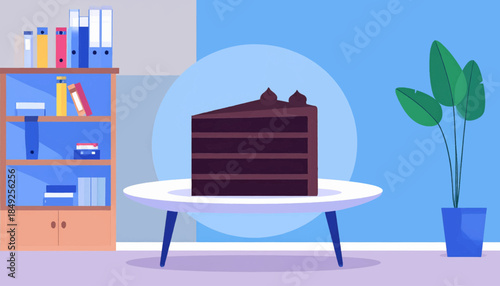 Flat, stylized illustration of an office with cake, plant, cabinet on a light violet floor
