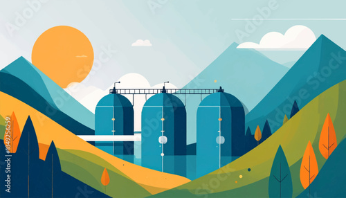 Flat, stylized illustration of three blue storage tanks nestled within rolling hills under a bright sun, near trees