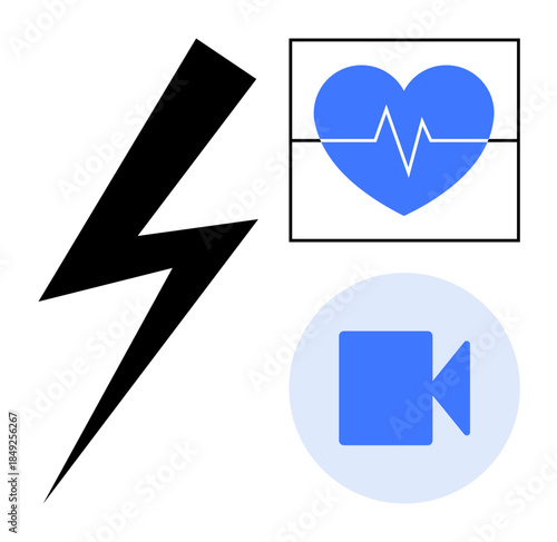 Energy systems, health monitoring, video communication, telemedicine, medical technology, multimedia solutions. Black lightning, blue heart rate monitor and video recording symbol. Energy and health