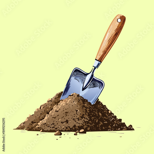 Garden Shovel Tool Stuck in a Pile of Earth Prepared for Growing Plants