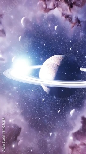 Cosmic celestial body surrounded by vibrant nebula and stardust in deep space with starry background
