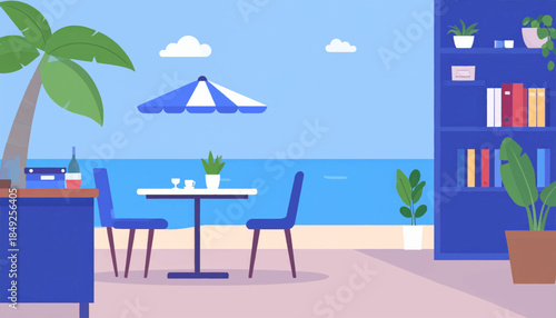Flat vector illustration of a patio with ocean view, table and chairs under a striped parasol, and indoor bookcase