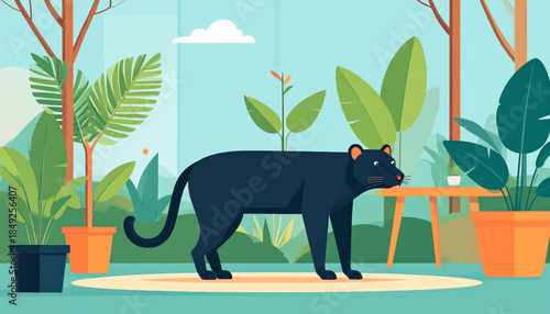 Flat vector illustration of a panther amid potted plants and minimalist outdoor scenery in muted pastel tones