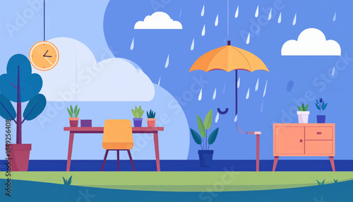 Flat vector illustration of a rainy day scene with office furniture and plants in a surreal, indoor/outdoor setting