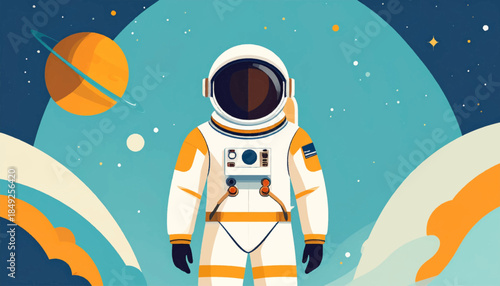 Flat vector illustration of an astronaut in space, with a planet in the background