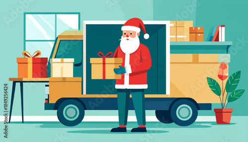 Flat vector illustration of Santa delivering presents by truck