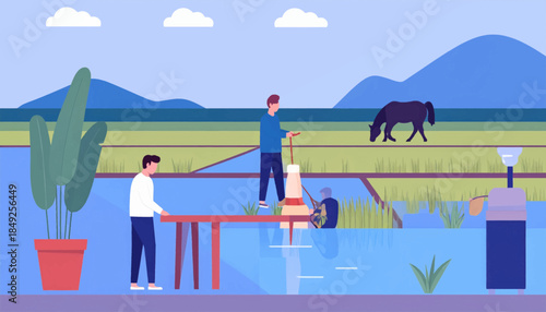Flat vector landscape with figures, a horse, mountains, and a minimalist aesthetic on a sunny day