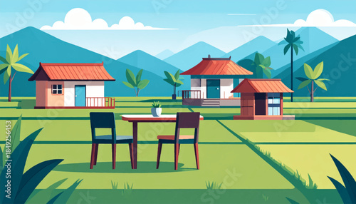 Flat vector landscape with huts, table, chairs, mountains, palm trees and paddy fields in light blue, green, & red