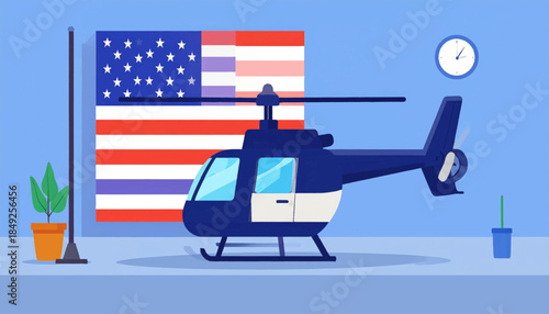Cartoon helicopter with US flag backdrop, clock on the wall, and plants in a blue-toned, simplified room
