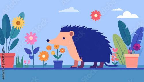 Cartoon hedgehog among colorful flowers and potted plants against a light blue sky
