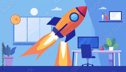 Flat vector office scene with a rocket launching indoors, next to a desk, computer, plants, and a wall clock