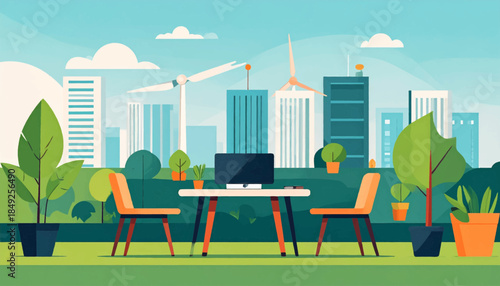 Flat vector of an outdoor workspace in front of a city skyline with wind turbines