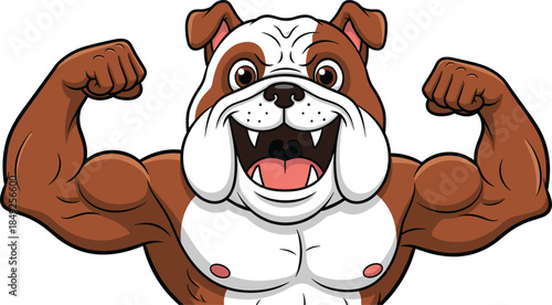 Cartoon muscular bulldog flexing biceps, fierce expression, strong animal mascot, flat vector illustration, fitness strength symbol, sports character design
