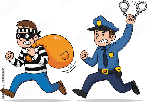 Cartoon police officer chasing thief, crime pursuit scene, handcuffs and sack, flat vector illustration, law enforcement action, kids design