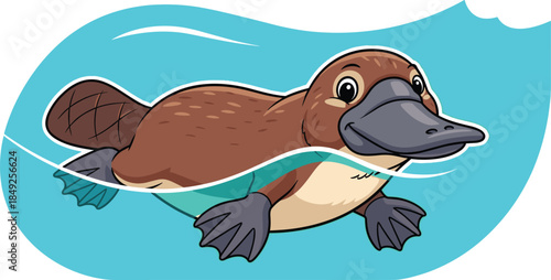 Cartoon platypus swimming in water, brown body, duck bill, webbed feet, flat tail, flat vector illustration, aquatic animal character