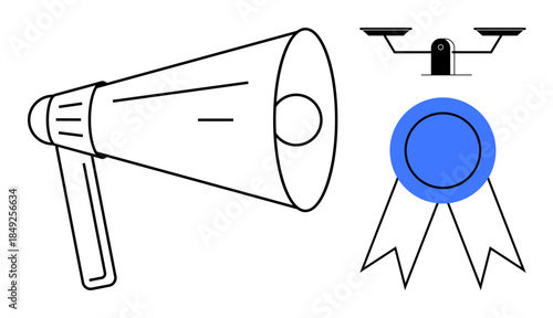 Communication, advocacy, legal rights, recognition, decision-making, public announcements. Stylized megaphone, a blue ribbon and scales of justice. Communication and advocacy concept