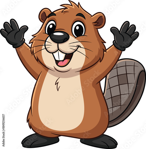 Cheerful cartoon beaver character, cute forest animal mascot, flat vector illustration, smiling rodent with gloves, tail, teeth, brown fur