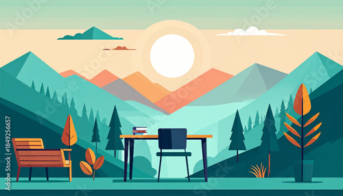 Flat-style mountain scene with desk, chair, bench, trees, and rising sun