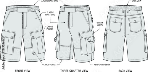 Technical cargo shorts design, front back side view, flat vector illustration, elastic waistband, utility loops, reinforced seam details