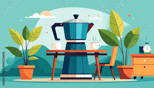 Flat-style room with plants, coffee maker, table with cups, chair, cabinet, and clock. Relaxed, domestic illustration