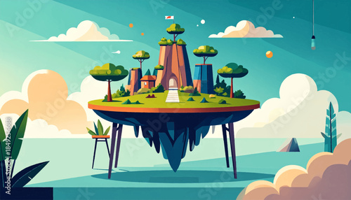 Floating island with hills, house, trees, and steps, in a stylized, geometric vector illustration
