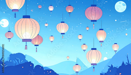 Floating lanterns adorn a serene night landscape with rolling hills and stylized trees against a blue backdrop