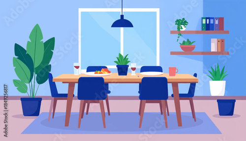 Cartoon illustration Dining room with table set for meal, potted plants, bookshelves, blue, tan, white colors