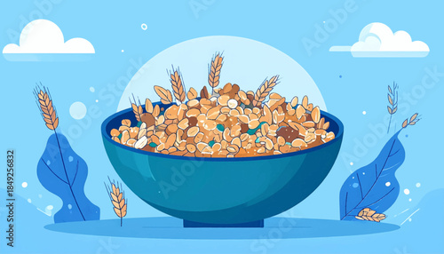 Cartoon illustration Cereal bowl with grains, plants, and clouds on a light blue background