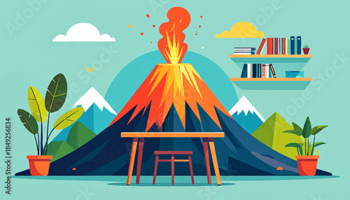 Cartoon illustration featuring a volcano, desk, books, plants, & stylized landscape against a light blue background