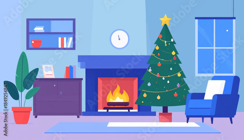 Cartoon illustration of a cozy living room with a Christmas tree and a lit fireplace in front of an armchair