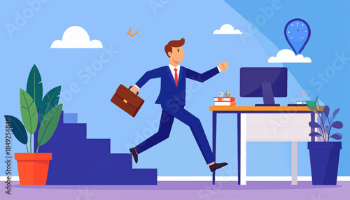 Cartoon illustration of a businessman running towards an office desk and computer with a sky and cloud background