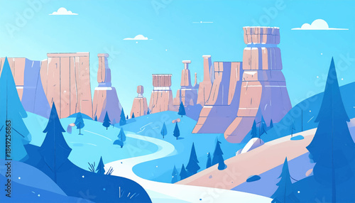 Cartoon illustration of a desert landscape with towering rock formations and a winding path under a pale blue sky