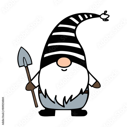 Cute garden gnome character wearing striped hat holding a metal shovel for nature backyard work