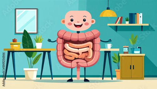 Cartoon illustration of a human-like intestine in a room setting with desks, shelves, plants, and furniture