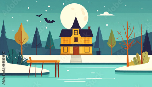 Cartoon illustration of a haunted house by a lake under a full moon on a winter night, with trees and bats