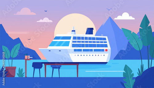 Cartoon illustration of a large white cruise ship against a backdrop of mountains, sky, and foliage