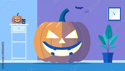 Cartoon illustration of a lit Halloween pumpkin inside a room with decorations in purple and blue hues
