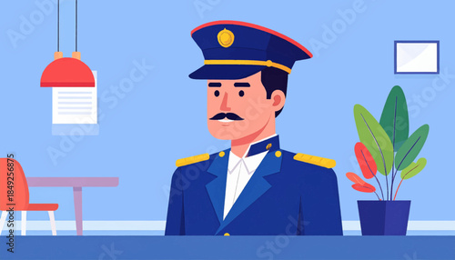 Cartoon illustration of a man in uniform in an office setting, with desk, chair, lamp, plant, and wall art