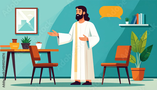 Cartoon illustration of a man in a white robe standing in a teal room with two chairs and two tables