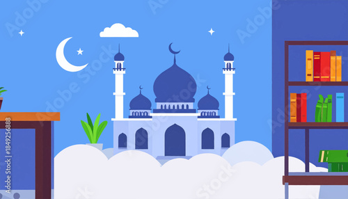 Cartoon illustration of a mosque with moon, stars, clouds. Interior view with table and bookshelf