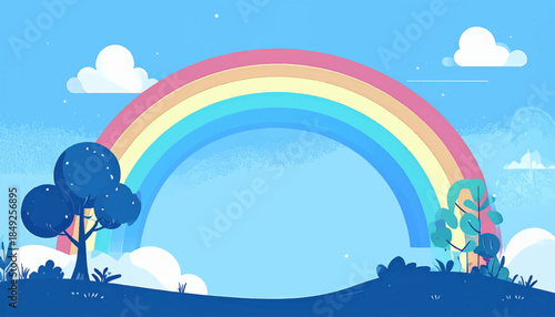Cartoon illustration of a rainbow over a landscape, stylized trees, clouds, and blue sky background
