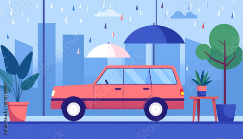 Cartoon illustration of a red car on a rainy day in the city, with plants and umbrellas, in a stylized aesthetic