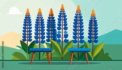 Cartoon illustration of Lupine flowers behind two simple tables in a stylized, bright, nature-inspired scene
