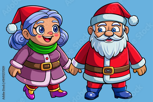 vector of An old woman and a cool old man walk hand in hand in Santa Claus clothes in the early winter weather.