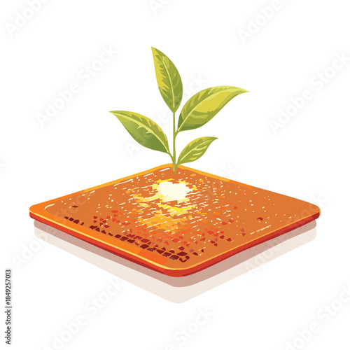 Young green plant sprout growing from a fertile soil bed in a controlled nature environment