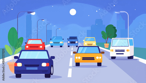 Cartoon illustration of several cars on a road under a night sky with a full moon and some lights