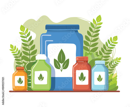 Set of organic gardening supplements and liquid fertilizer bottles for sustainable plant care in nature