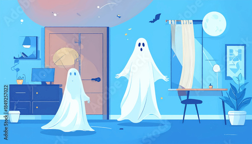 Cartoon illustration of two ghosts in a blue room with a desk, dresser, moon, and bat